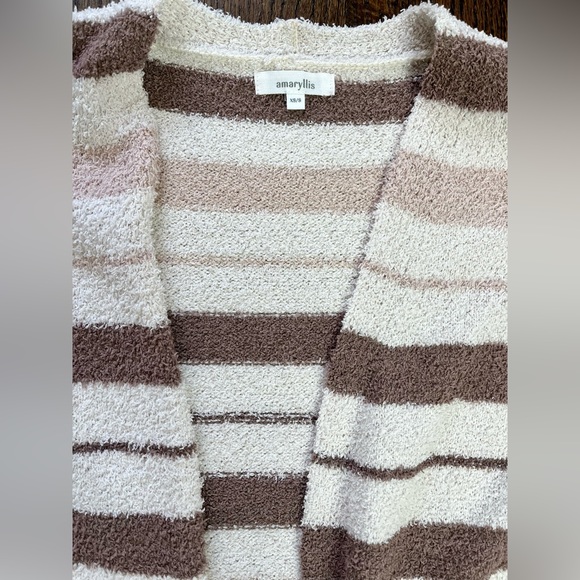 Amarhyllis Beige Brown Stripe Plush Cardigan Sweater Size XS S LIKE NEW - Picture 2 of 4